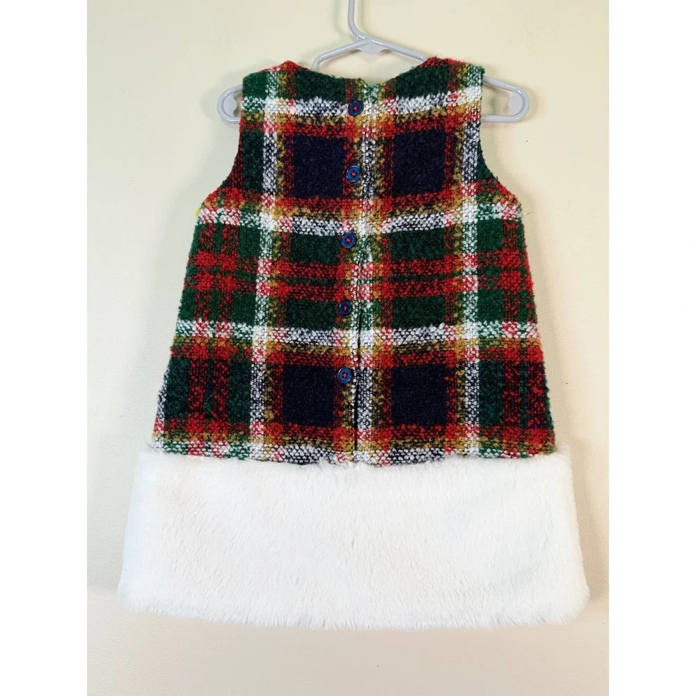 Hatley Girls 3T Plaid Holiday Dress Faux Fur Hem Red Green Tartan Christmas